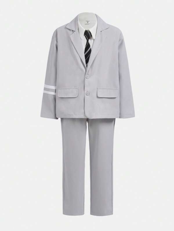 SHEIN 男大童1入組條紋印花西裝外套和1入組長褲和系帶