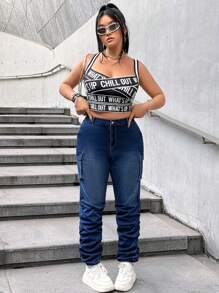 SHEIN ICON Quần jean denim rách cỡ lớn màu xanh lam, trang phục dạo phố thông thường - Rửa tối - Xem 6