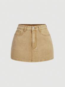 SHEIN MOD Váy denim ngắn trang trí nơ giản dị cho nữ - Màu Khaki - Xem 2