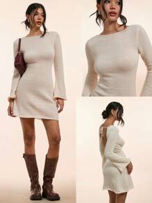 Forever 21 Fall Clothes Long Sleeve  Mini Woolen Fabric Backless Halter  Dress - Apricot - View 5
