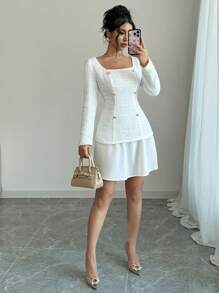 Elenzga Women's Square Collar Long Sleeve Ruffle Hem Tweed Dress - White - View 1