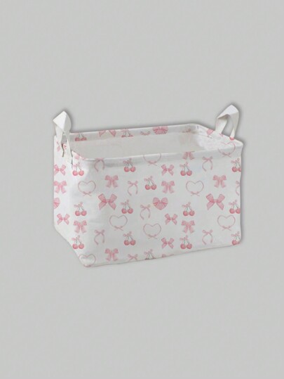 Kawaii 1pc White Base Cherry Blossom, Bow & Heart Design Allover Print Storage Basket For Bedroom, Living Room, Bathroom