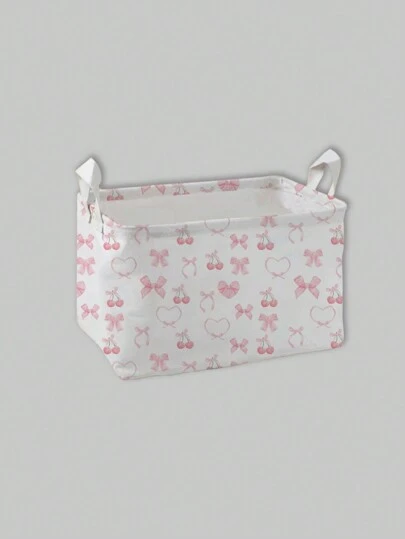 ROMWE Kawaii 1 件白色底座樱花、蝴蝶结和心形图案全印花收纳篮，适用于卧室、客厅、浴室