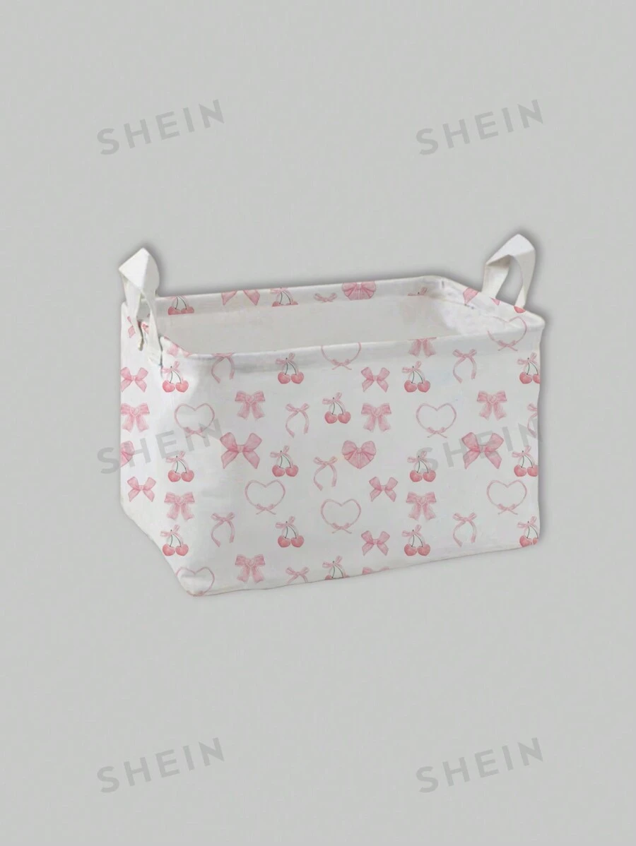 ROMWE Kawaii 1 pieza Cesta de almacenamiento con estampado de flores de cerezo, moño y corazón sobre base blanca para dormitorio, sala de estar, baño