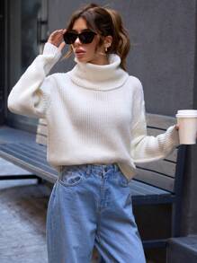 EURMUSE Casual Turtle Neck Plain Crop Sweater - Putih - View 3