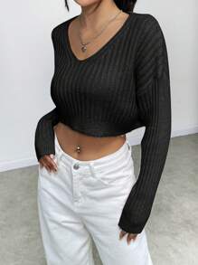 SHEIN Unity Simple V-Neck Long Sleeve Cropped Solid Color Black Sweater, Casual Daily Wear, Knit Pullover Fall Winter - Black - View 3