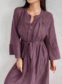 Mulvari Đầm thường ngày tay cánh dơi cài nút màu trơn mùa xuân hè cho nữ - Bụi tím - Xem 6