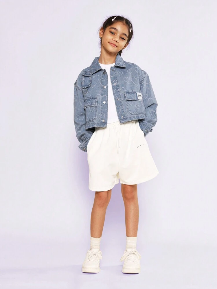 Heart Print Cropped Distressed Denim Trucker Jacket