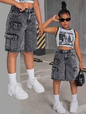 SHEIN Tween Girls Y2K Fashionable Stonewashed High Waist Flap Pocket Baggy Denim Cargo Jeans Shorts,Tween Girl Back To School Fall Clothes Outfits