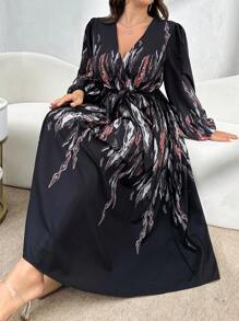 Modelyn Plus Size Long Sleeve Allover Print Tie Front Dress, Casual Resort, Elegant Party Evening A Line Dresses Maxi Women Outfit Long Evening Dresses - Multicolor - View 4