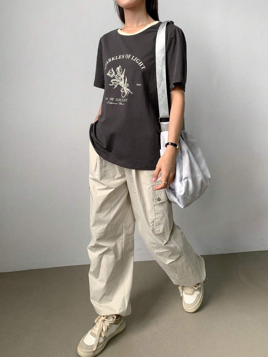 FRIFUL Floral Print Casual Round Neck Short Sleeve Top for Sale