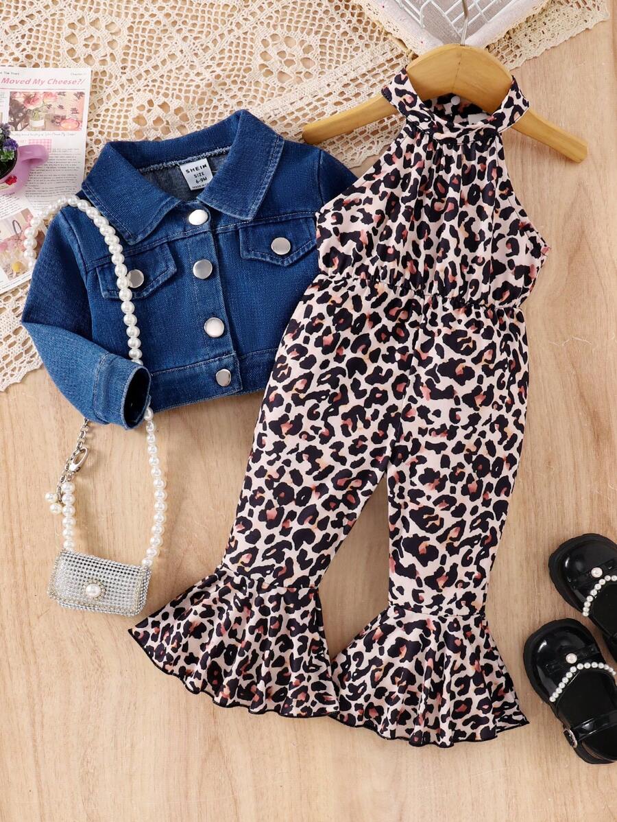 SHEIN Baby Girl Solid Color Front Buttoned Long Sleeve Denim Jacket + Leopard Printed Suspender Pants Set With Necktie - Multicolor - View 1