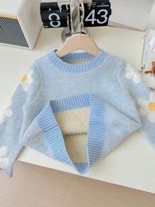 SHEIN Leap Crew Young Girl Flower Pattern Round Neck Loose Casual Sweater - Blue - View 3