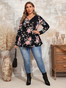 EMERY ROSE 大码女式黑色花卉印花 V 领长袖休闲秋装 T 恤 - 黑色 - 查看 4