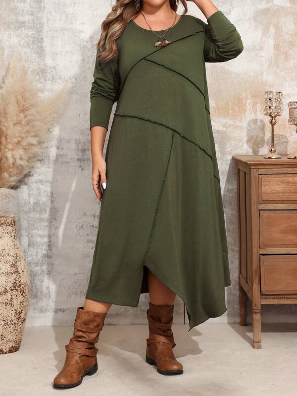 EMERY ROSE Plus Size Casual Round Neck Long Sleeve Fashionable Comfortable Fall Dress