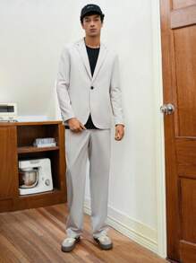 Manfinity VCAY 2pcs Men Loose Fit Casual Solid Color Long Sleeve Cardigan Jacket And Elastic Waist Straight Pants Suit