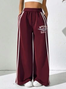 SHEIN Unity 条纹拼布字母印花休闲口袋裤 - 酒紅色 - 查看 1