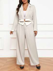 Calvaya Plus Size Women's Solid Color Simple Daily Wear Long Sleeve Blazer And Long Pants Suit