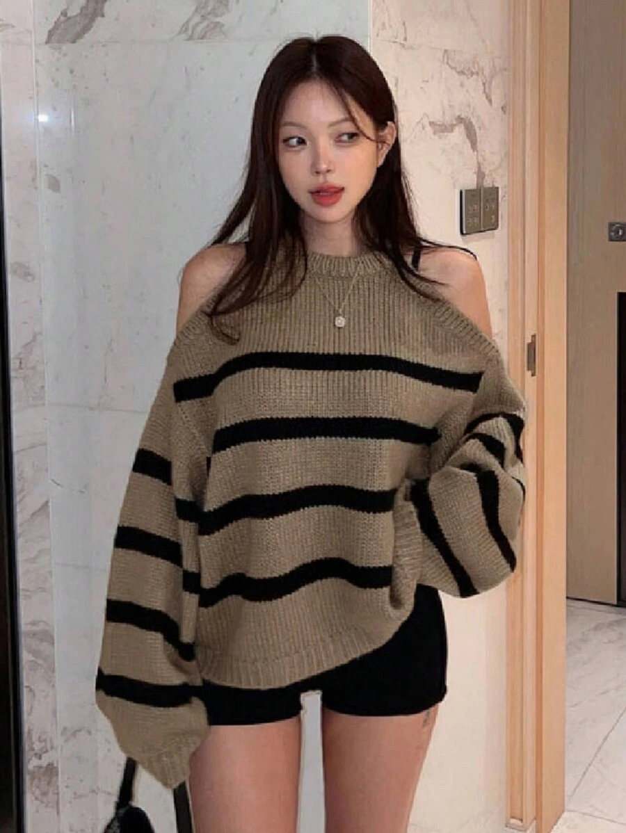 DAZY Women's Round Neck Long Sleeve Open Shoulder Striped Sweater, Casual Everyday,Long Sleeve Tops,Fall Clothes - Camel - View 1