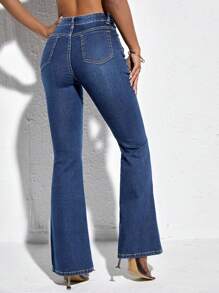 SHEIN PETITE Plain Color Denim Pants With Pockets And Button Closure - Medium Wash - View 2