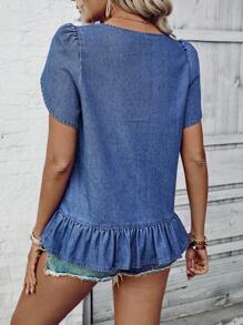 SHEIN LUNE Women Summer Round Neck Floral Petal Short Sleeve Ruffle Hem Casual Denim Blouse - Blue - View 2