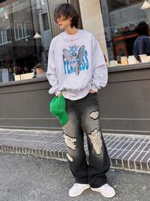 DAZY 男士天使字母印花宽松圆领长袖休闲套头运动衫，秋季 - 淺灰色 - 查看 6