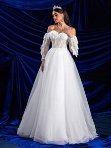 Glamrae Elegante vestido de novia de manga larga con hombros descubiertos y escote transparente, con boning en forma de espina de pescado, encaje floral y falda amplia de tul en línea A, adecuado para bodas, fiestas y vacaciones - Blanco - Ver 4