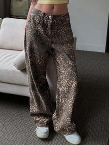 DAZY Women's Leopard Print Loose Wide Leg Autumn Jeans,Ladies Casual Pocket,Zipper Natural Wide Leg Long Brown Baggy Loose Women Jeans,Spring/Fall,Casual Daily Wear - Brown - View 3