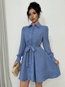 Almamuse Robe mi-longue élégante pour femmes avec manches longues, taille froncée à cordon de serrage et boutons devant - Bleu azur - Voir 4