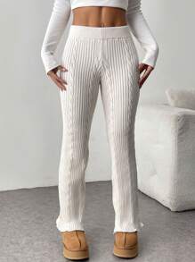 SHEIN Unity Solid-Color Casual Twist Knit Sweater Pants Set - Beige - View 5