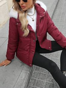 SHEIN LUNE Maroon Long Sleeve Loose Quilted Padded Coat With Removable Fur Collar And Pockets - Redwood - View 7