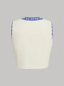 Chiquease Áo khoác không tay viền bất đối xứng họa tiết hoa cổ điển - Màu xanh lam - Xem 2