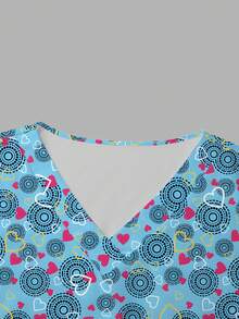 PopScrub Women's Plus Size All Over Print Short Sleeve Clothing Top Uniform, Plus Size Scrub Tops - Blue - View 3