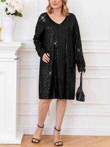 Plus Size Cổ Chữ V Tay Dài Trang Trí Sequin Trang Phục Thường Ngày Đơn Giản - màu đen - Xem 3