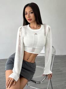 Flirla Sexy Distressed Sweater For Women, Knit Pullover Fall Winter - White - View 5