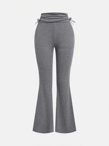 SHEIN Teen Girls' Gray Knit Ruched Low-Waist Contrast Black Belt Flared Pants - Grey - View 1