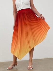 SHEIN LUNE Women's Pleated Asymmetric Hem Ombre Design Fashionable Skirt