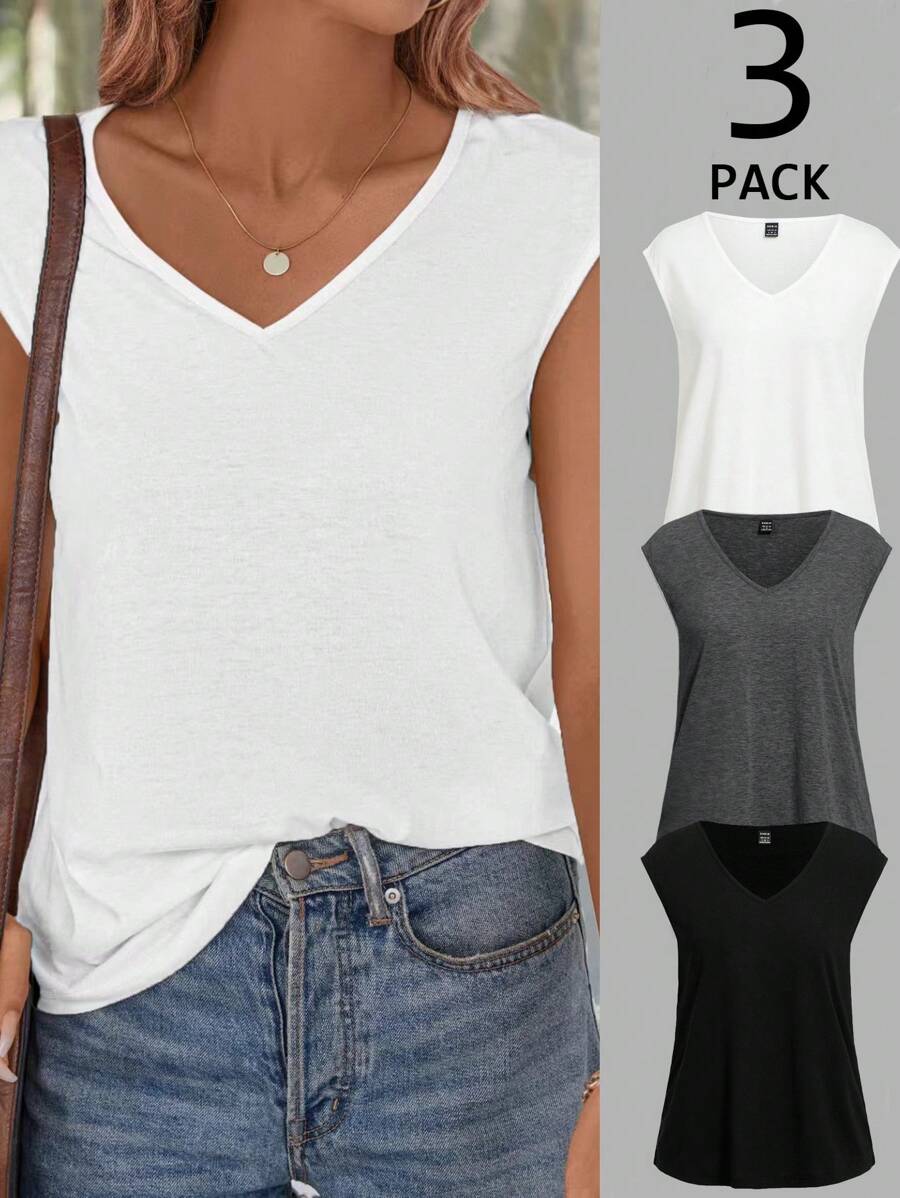SHEIN LUNE 3pcs Set Solid V-Neck Casual Camisole Tops For Women, Summer - Multicolor - View 1