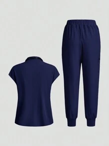 TaskEZ Conjunto de uniforme de pantalón y camisa de manga corta de un solo color, conjunto de batas - Azul - Ver 2
