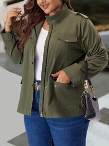 EMERY ROSE Plus Size Women's Zip-Up Front Pocket Military Green Cargo Jacket,Fall Clothes