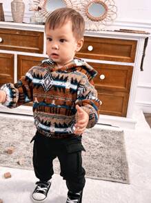 SHEIN 2pcs Baby Boys'  Long Sleeve Sweatshirt And Pants Set With Plush Retro Pattern