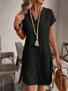 EMERY ROSE 女士休闲纯色 V 领蝙蝠袖单排扣直筒连衣裙，夏季