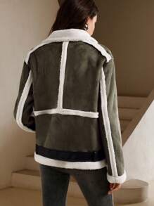 Anewsta Chaqueta de mujer con bloqueo de color en contraste y - Verde militar - Ver 2