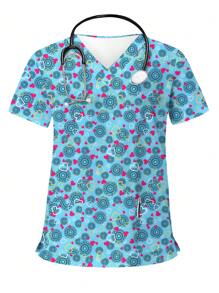 PopScrub Women's Plus Size All Over Print Short Sleeve Clothing Top Uniform, Plus Size Scrub Tops - Blue - View 1
