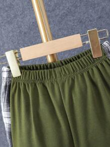 SHEIN Conjunto de 2 piezas para niños preadolescentes con sudadera con capucha y pantalones de estampado a cuadros en contraste - Verde - Ver 8