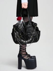 ROMWE Goth Bolsa de tela gótica vintage negra para mujer con estampado de rosa, calavera, huesos de mano y cadena con dije de calavera, bolsa de mano personalizada estilo punk para Halloween, bolso de hombro cruzado - Negro - Ver 3