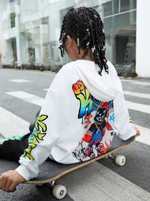 SHEIN 青少年男童连帽T恤，街头涂鸦图案，价格实惠，可搭配T恤穿着，适合万圣节、返校、秋季、休闲、通勤、日常、运动、秋冬季穿着。 - 白色 - 查看 2