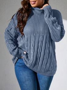 SHEIN LUNE Damen Pullover in Große Größen mit Rundhalsausschnitt, Langarm, Lässig, einfarbig, Herbst Winter Strickpullover - Graublau - Übersicht 1