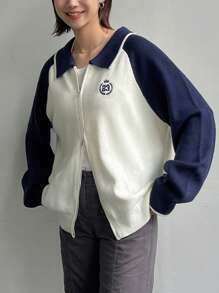 FRIFUL 女式字母印花拼色长袖拉链休闲开衫，秋冬