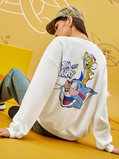 TOM & JERRY X SHEIN Women's Casual Cartoon & Letter Print Oversized Sweatshirt, Spring & Autumn